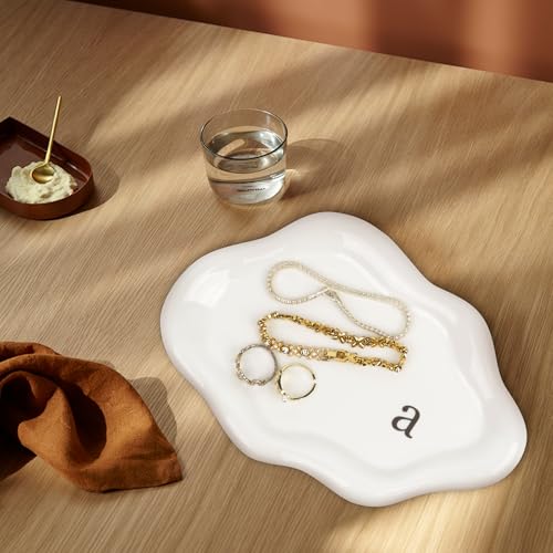 Jewelry Tray Ring Dish Holder - Ceramic Trinket Dish, Cloud Ring Holder for Women, Personalized Initial Key Bowl, Decorative Vanity Tray, Cute Jewelry Plate, Aesthetic Room Decor, Engagement Gift, t - color: T
