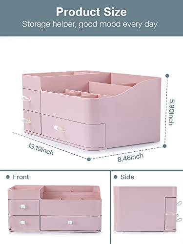 Makeup Organizer with Drawers,Large Capacity Countertop Organizer for Vanity,Bathroom and Bedroom Desk Cosmetics Organizer for Skin Care,Brushes, Eyeshadow, Lotions, Lipstick, Nail Polish - color: Pink-Large