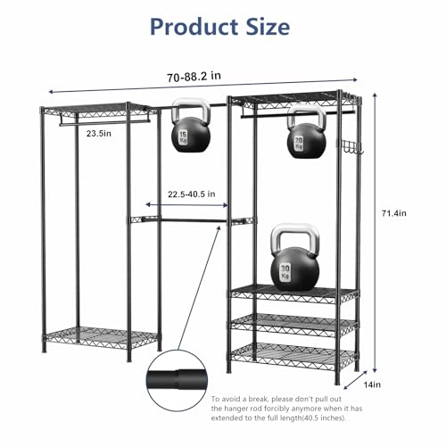 Heavy Duty Closet Garment Rack, 6 Tiers Adjustable Metal Freestanding Expandable Clothing Storage with 4 Hanger Rods, Easy to Assemble Wardrobe, 71.4" H x (70" - 88.2") L x 14" D, Black - color: Black