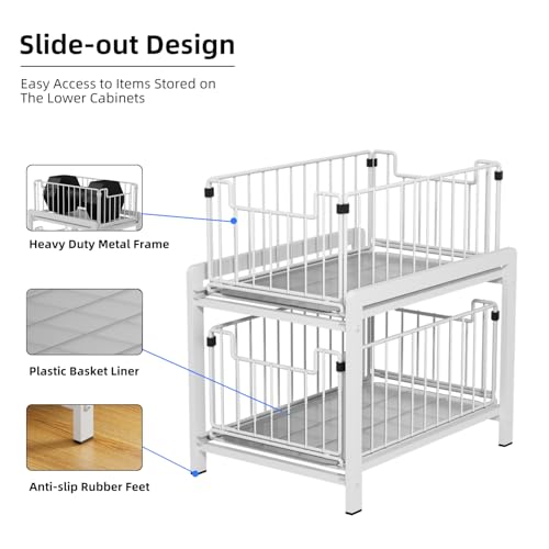 2 Tier Sliding Basket Drawer Organizer, Lxmons Pull Out Under Sink Cabinets Organizers, Metal Home Shelf for Bathroom or Kitchen, Sliding Countertop or Pantry Storage Shelf, Large White - color: White