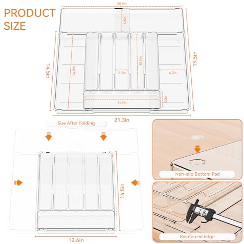 Yieach Clear Large Expandable Silverware Organizer and Kitchen Utensil Drawer Organizer,Plastic Adjustable Silverware Tray for Drawer Cutlery,Spatula,Tools,Flatware Organizers,Fork and Spoon Holder - size: 12.6Wx14.5Lx2H Inch