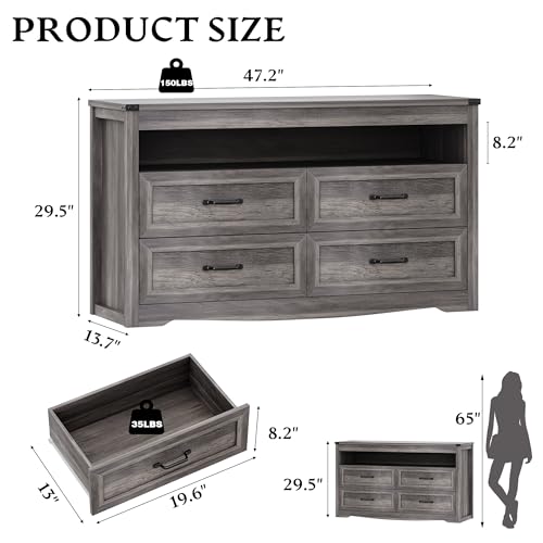 Dresser for Bedroom with 4 Drawers, Farmhouse Chest of Drawers with Natural Texture and LED Lights, Wide Wood Rustic Closet Storage Organizer, Modern Dresser TV Stand for Living Room, Entryway, Grey - color: Grey, size: 13.8"D x 47.2"W x 29.5"H (4 Drawers