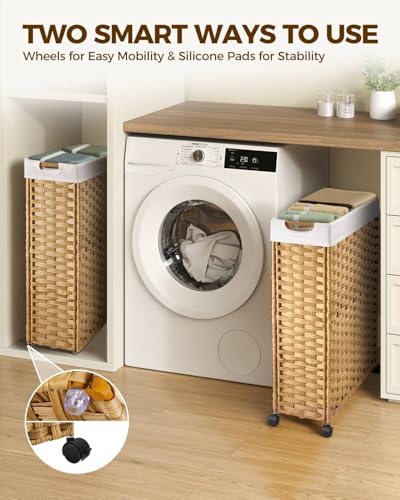 Greenstell Laundry Hamper with Wheels, 17.4 Gallon (66L) Slim Laundry Basket with 2 Removable Liner Bags & 2 Mesh Bags, Narrow Rattan Clothes Hamper for Bedroom, Laundry Room, Bathroom, Natural - color: Natural, size: 66L (19.7 x 7.9 x 27.6 inches)
