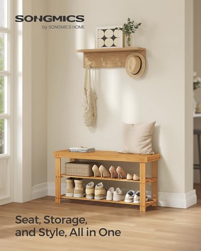 SONGMICS Shoe Rack Bench, 3-Tier Bamboo Shoe Storage Organizer, Entryway Bench, Holds Up to 286 lb, 11.3 x 35.4 x 17.8 Inches, for Entryway Bathroom Bedroom, Natural ULBS90N - color: Natural, size: 35.4"W