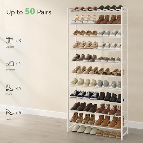 Nunsino Shoe Rack for Closet, Metal Shoe Organizer, 10 Tier Garage Shoe Rack Max Holds 50 Pairs,Shoe Storage Shelf,Entryway,White - color: White, size: 10 Tier