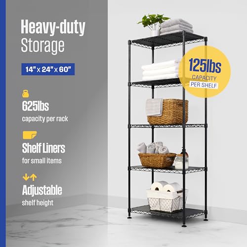 SafeRacks - NSF Certified Storage Shelves, Zinc, Heavy Duty Steel Wire Unit with Adjustable Feet, Garage or Bakers Rack, Kitchen, Pantry Shelf - (24"x14"x60" 5-Tier) (Black) - color: Black, size: 14"x24"x60" 5-Tier