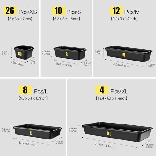 60PCS Tool Box Organizer Tray Divider, More Large Sizes-5 Sizes Desk Drawer Organizers Garage Tool Organizer and Storage, Black Plastic Tray Organizer Bins for Home Office Supplies and Tools - size: 60PCS