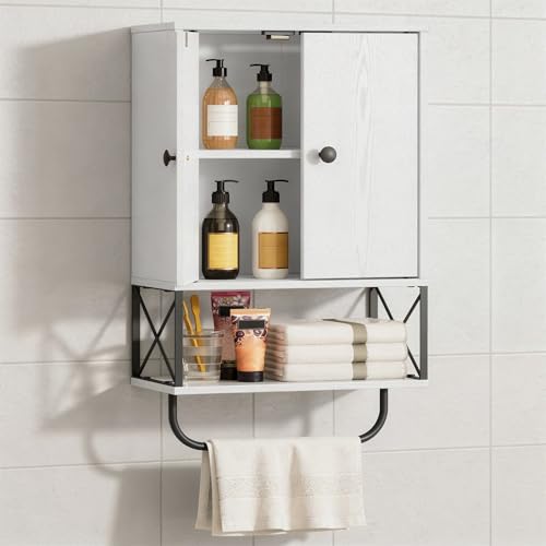 MAHANCRIS Bathroom Wall Cabinet with 2 Door and Adjustable Shelf, Farmhouse Medicine Cabinet with Towel Rack, 3-Tier Wall Mounted Storage Cabinet Over The Toilet for Bathroom Laundry Room, White - color: White, size: 15"L x 7.9"W x 26.1"H