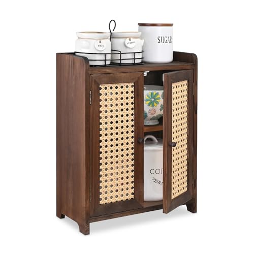 Ikee Design Wooden Countertop Storage Cabinet with Magnetic Rattan Doors, Kitchen Pantry Cabinet with Removable Shelves, Coffee, Snack, Cup Organizer, Dark Brown Color, 12.1W x 6.1D x 15.7H in - color: Dark Brown, 2 Door