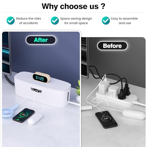 Cable Management Box - Large Cord Organizer Box to Hide Power Strip & Under Desk, TV Computer Wires Cable Organizer Box with Baby Proofs, Desk Cord Organizer for Home/Office - White - color: White