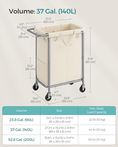 SONGMICS Laundry Basket with Wheels, 2-Section Rolling Laundry Hamper, 37 Gallons (140 L), Removable Liner, Steel Frame with Handle, 27.2 x 15.4 x 31.9 Inches, Cream White URLS004W01 - color: Cream White, size: 140 L (2-Section), style: Rectangular with h