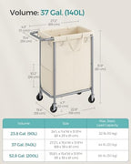 SONGMICS Laundry Basket with Wheels, 2-Section Rolling Laundry Hamper, 37 Gallons (140 L), Removable Liner, Steel Frame with Handle, 27.2 x 15.4 x 31.9 Inches, Cream White URLS004W01 - color: Cream White, size: 140 L (2-Section), style: Rectangular with h