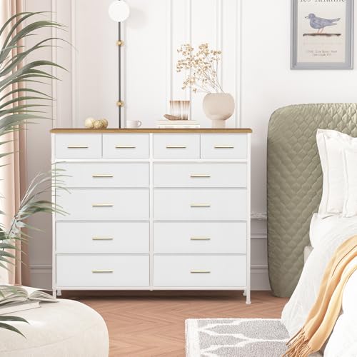 VASICAR White Dresser for Bedroom with 12 Deep Drawers, Wide Chest of Drawers, 55" TV Stand with Retro Wood Top, Tall Fabric Dresser for Closet, Nursery - color: White-retro Top