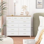 VASICAR White Dresser for Bedroom with 12 Deep Drawers, Wide Chest of Drawers, 55" TV Stand with Retro Wood Top, Tall Fabric Dresser for Closet, Nursery - color: White-retro Top