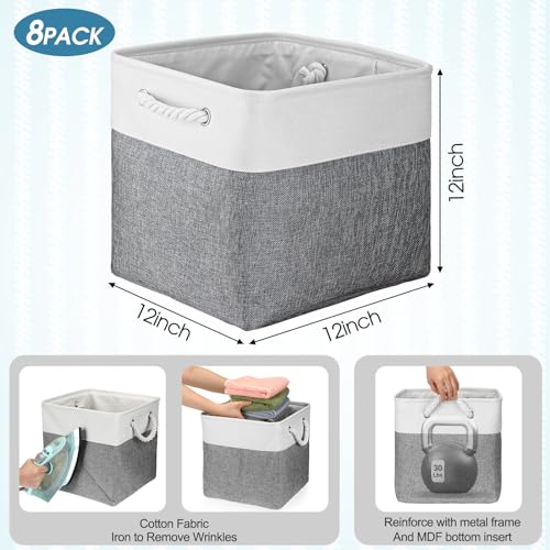 meekoo 8 Pack Collapsible Storage Bins Fabric Storage Bins Polyester Fabric Baskets with Handles Linen Closet Organizer for Shelf Home Closet Towels Toys(12 x 12 x 12 in,Gray White) - color: Gray White, size: 12 x 12 x 12 In