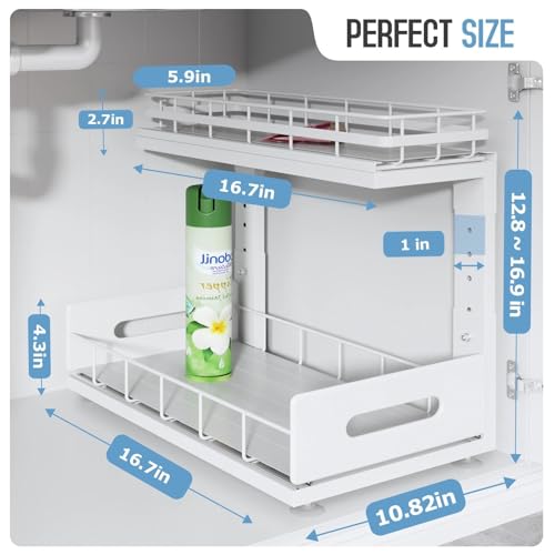 Under Sink Organizer Upgrade To Professional Rails,2-Tier Dual Pull Out Cabinet Storage,Height Adjustable Slide Out Drawers For Bathroom Kitchen,2 Pack-16.7"Dx12.8"-16.9"H,White - color: White, size: 2 Pack-16.7"Dx12.8"-16.9"H