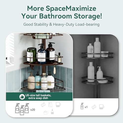Corner Shower Caddy Tension Pole, 4 Tier Rustproof Shower Tension Rod Organizer, Adjustable 25-125 Inch Bathroom Shower Organizer Shelves for Bathtub Shampoo Storage, Brown - color: Brown