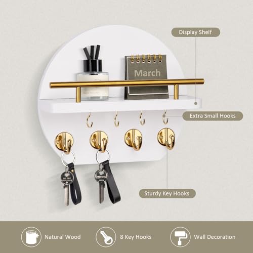 Nekon Key Holder for Wall - 9.8 Inch Apartment Wall Decor with Shelf and 8 Key Hooks, Circular Wood Key Hanger for Home Decor (White with Golden Hooks) - color: White&Gold
