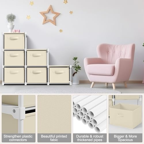 Thyle Large Cube Storage Organizer Shelf with 6 Bins 14 Inch Fabric Collapsible Cubby Storage Drawers Shelving Unit for Christmas Ornaments Clothes Toys Craft(Beige,Minimalist) - color: Beige, style: Minimalist