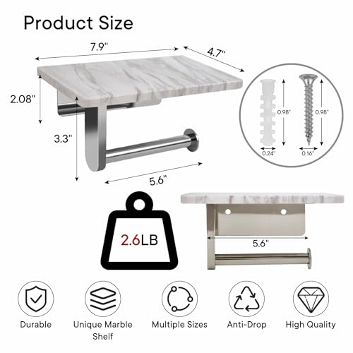 Toilet Paper Holder with Natural Marble Shelf for Bathroom Washroom,Wall Mounted Tissue Holder Suitable for Mega Roll (Brushed Nickel, Middle 7.87 * 4.72 in) - color: Brushed Nickel, size: Middle 7.87 * 4.72 in