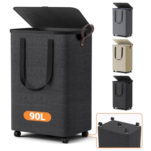 Laundry Basket with 5 Wheels, Tall Dirty Laundry Hamper, Rolling Laundry Basket with Lid, Large 90L Collapsible Clothes Hamper for Laundry Room Bedroom Bathroom Dorm, Dark Gray - color: Deep Gray, size: 90L