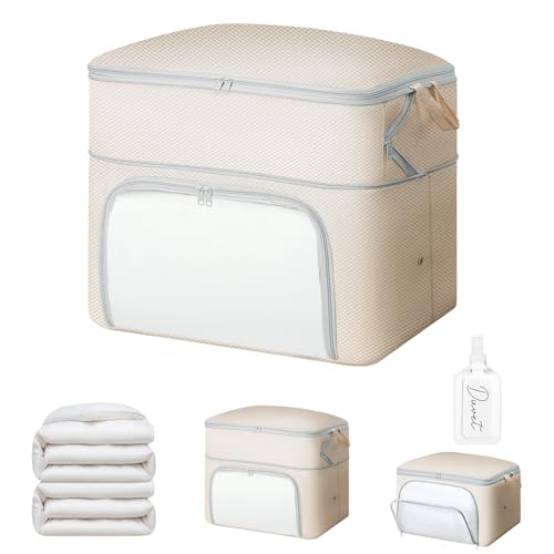 Comforter Storage Bag - Large Capacity Blanket Storage Bags Front-opening Ultra Space Saving Self Compression Organizer, Washable Compression Bags for Storage Comforter Blanket, 1 Pack, Beige - color: Beige, size: 1 Pack - 2-Layer