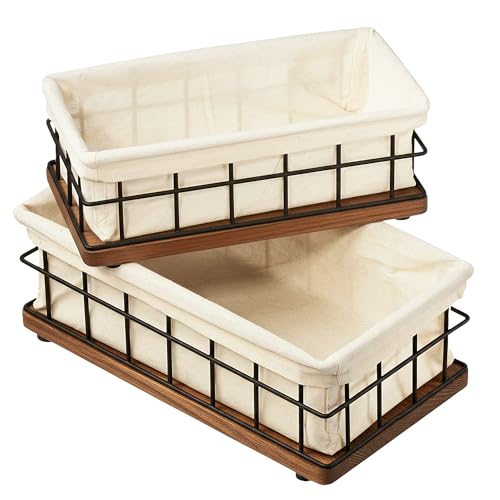 BAOBAB WORKSHOP Wooden Bathroom Basket Organizer & Storage, Toilet Paper Basket for Back of Toilet Tank Topper Tray, Paper Holder Basket for Bathroom Decor Box with Liners, Solid Wood & Wire, Set of 2