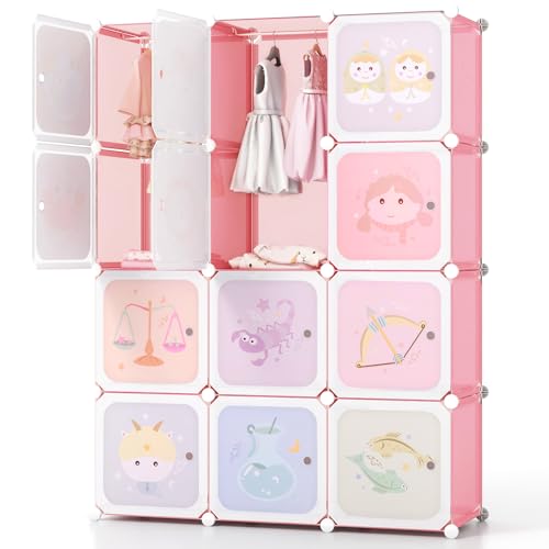 HONEY JOY Kids Wardrobe Closet, Baby Cartoon Clothes Storage Organizer, 12 Cubes & 2 Hanging Sections, Portable Children DIY Modular Bedroom Armoire Dresser Cabinet for Boys Girls (Light Pink) - color: Light Pink, size: 12-Cube