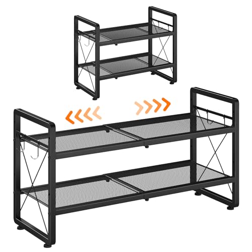ELYKEN Shoe Rack, 2-Tier Expandable Shoe Organizer for Entryway, Metal Black Shoe Shelf with 4 Hooks, Ajustable Shoe Stand Holder for Closet, Garage, Door Entrance - size: 2-Tier