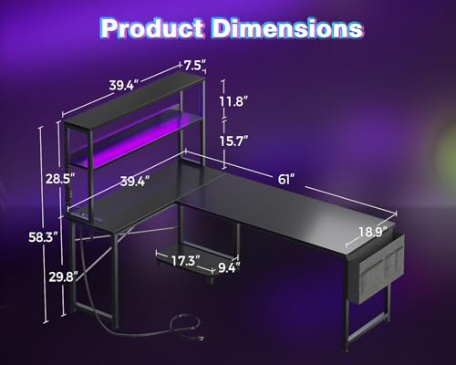 AODK L Shaped Desk Gaming Desk with LED Light & Power Outlet, 61 Inch Reversible L Shaped Computer Table with Shelf & Storage Bag & Hook for Home Office, Black - color: Black, size: 61 inch