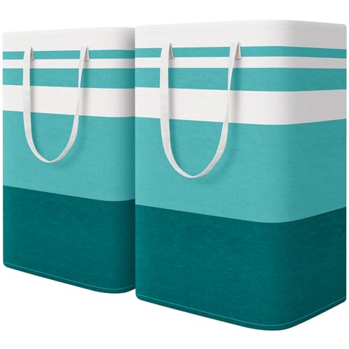 HomeHacks 2-Pack Large Laundry Basket, Waterproof, Freestanding Laundry Hamper, Collapsible Tall Clothes Hamper with Extended Handles for Clothes Toys in the Dorm and Family (Green, 75L) - color: Green, size: 75L
