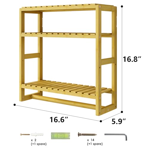 Galood Over The Toilet Storage Bathroom Shelves Wall Mounted 3 Tier Space Saver Corner Shelf Organizer Bamboo Towel Rack Toilet Paper Cabinet with Hanging Rod Yellow - color: Natural 1pack, size: Standard