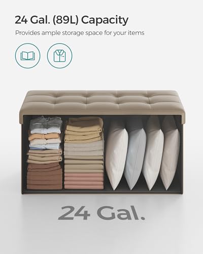 SONGMICS MAZIE Collection - 30 Inches Storage Ottoman Bench with Flipping Lid, Storage Chest Footstool, Load 660 lb, for Entryway, Living Room, Bedroom, Synthetic Leather, Camel Brown ULSF045K03 - color: Camel Brown, size: 15"D x 30"W x 15"H