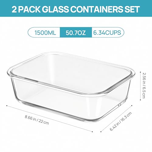 Vtopmart 2Pack 1500ml/50.7oz Large Glass Storage Containers with Lids, Meal Prep Food Container Set with Snap Airtight Lid for Baking, Microwave, Oven, Leak Proof, for Freezer, Dishwasher, Green - color: Green, size: 50.7oz
