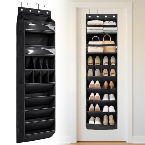 8 tiers Door Shoe Organizer, Multifunction Over the Door Hanging Shoe Rack with Oxford Fabric Deep Pockets, 66.9 x 16.5 x 5.9 Inches Storage Organizer (Black)