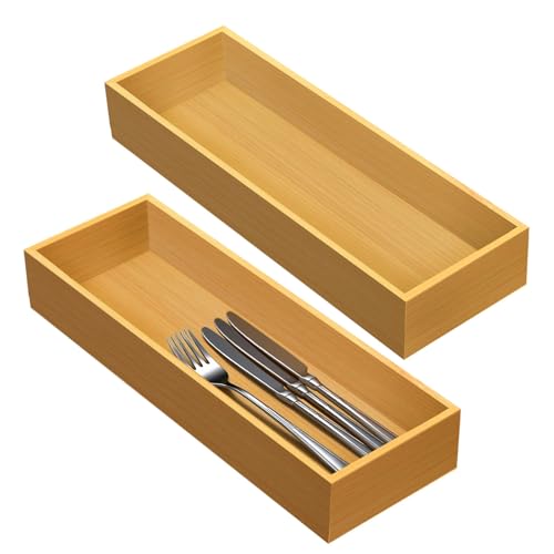 guiogc Set of 2 Bamboo Drawer Organizer, Stackable Utensil Organizer for Kitchen, Bamboo Storage Box Wood Silverware Tray for Drawer - size: 14.95" x 5.2" x 1.96"