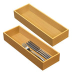 guiogc Set of 2 Bamboo Drawer Organizer, Stackable Utensil Organizer for Kitchen, Bamboo Storage Box Wood Silverware Tray for Drawer - size: 14.95" x 5.2" x 1.96"