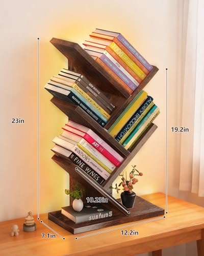 Godferyxin Tree Bookshelf with Liting,Small Bookcase LED and Desktop Book Shelf for Office, Home or School Small Bookshelf for Wood Displaying Books, CDs, Magazines Wood Book Rack-Mini Bookcase - color: 5tier-bookshelf With Liting Vintage