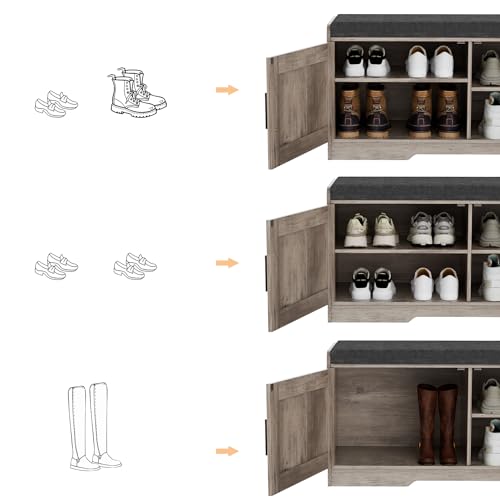 Homleke 2-Tier Storage Bench, Shoe Bench with Thickened Padded Seat Cushion, Entryway Bench with 2 Doors, Adjustable Shelf, 13.8" D x 37.4" W x 18.5" H, for Entryway, Living Room, Bedroom, Greige - color: Greige, size: 37.4"