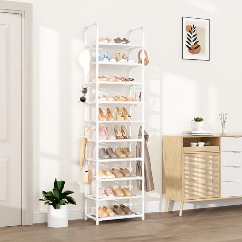 VTRIN 10 Tiers Tall Shoe Rack Holds 20-25 Pairs of Shoes Sturdy Vertical Shoe Organizer with 18pcs Hooks Stackable Narrow Shoe Rack for Closet, Entryway White - color: White, size: 17" Wide - 10 Tier