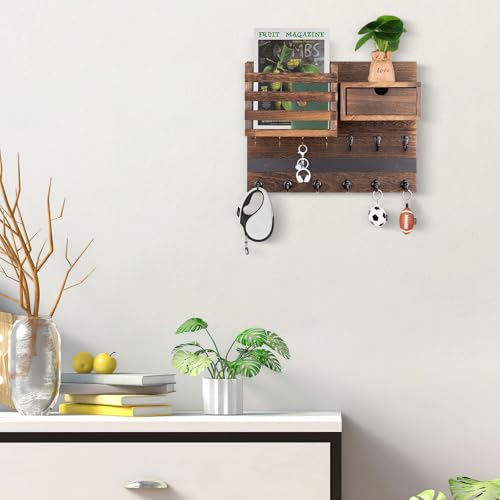 Nekon Key Holder Wall Mount, Rustic Mail and Keys Shelf for Wall Organization with 13 Hooks, Home Decor Accessory with Drawer, Brown - color: Brown