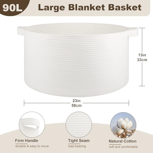 OIAHOMY 90L Blanket Basket for Living Room, Large Basket 23" x 23" x 13" with Handle, Laundry Hamper for Blankets, Pillows, Toy Storage for Kids, Dogs - White - color: White, size: 23" x 23" x 13"