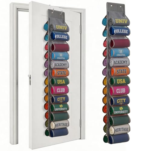 Over the Door Hoodie Organizer, Double Sided Holds 26 Hoodies, Gray Hanging Storage with 2 Hooks and Rope for Door Closet Cabinet Use, Ideal for Dorm Rooms Bedroom, Small Spaces, 54.3 Inch - color: Grey