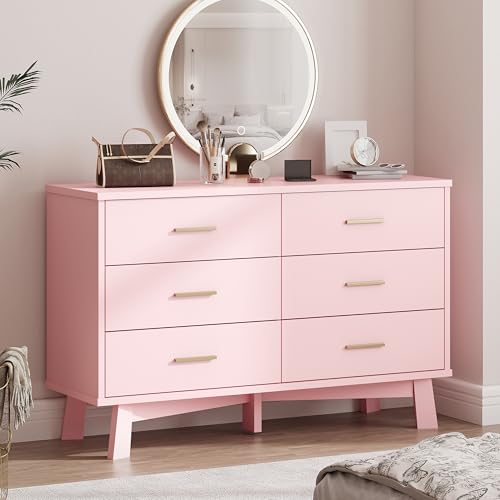 Xixini Dresser for Bedroom, 6 Drawer Wide Modern Chest of Drawers with X-Shaped Sturdy Base, Wood Double Dresser Closet Clothes Storage Organizer, Wooden TV Stand for Living Room, Hallway, Pink - color: Pink, size: 15.6"D x 47.2"W x 29.5"H (6 Drawers)