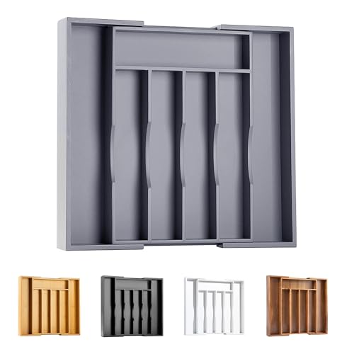 Kitchen Silverware Drawer Organizer and Storage Bamboo Wood Cooking Utensil Holder Cutlery Knife Jewelry Spice Rack Spoon Fork Multi Cabinet Organization Bathroom Counter Expandable Adjustable Tray - color: Gray, size: 7 Slots Expandable