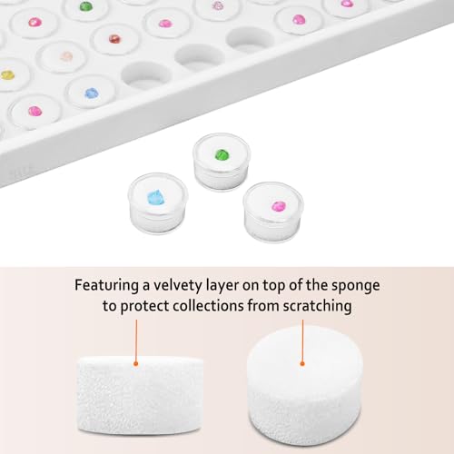 Ikee Design 50 White Foam Gem and Bead Storage Jars Showcase Stackable Display Tray Storage Box for Collectibles, Home Organization, 14.75 W x 8.25 D x 1 H in - color: White Foam/White Tray (50 Jars)