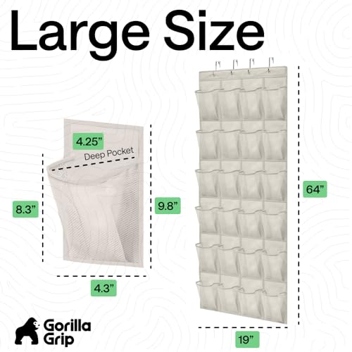GORILLA GRIP Over the Door Shoe Organizer, 24 Large Breathable Mesh Pockets, Space Saving Hanging Storage Holder, Closet Rack Hanger Holds Up to 40 lbs, Hangs on Closets for Shoes, Accessories, Linen - color: Linen, size: 24 Pockets/4 Hooks