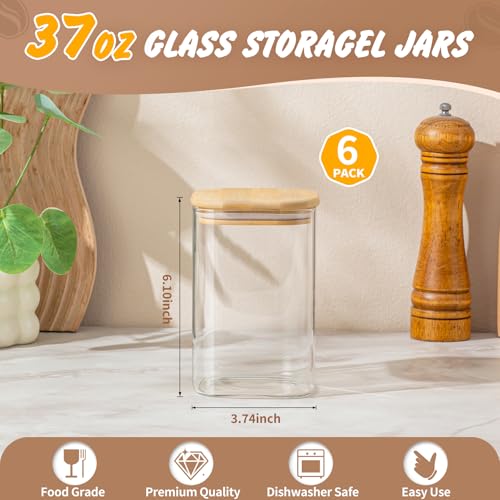 SENTVEND 37 Oz Glass Storage Jars with Bamboo Lids - 6 Pack Clear Glass Canisters Square Airtight Stackable Ideal for Pantry Storage Containers Organizers Great for Storing Oats Coffee Beans Nuts etc - color: 37 OZ-Clear