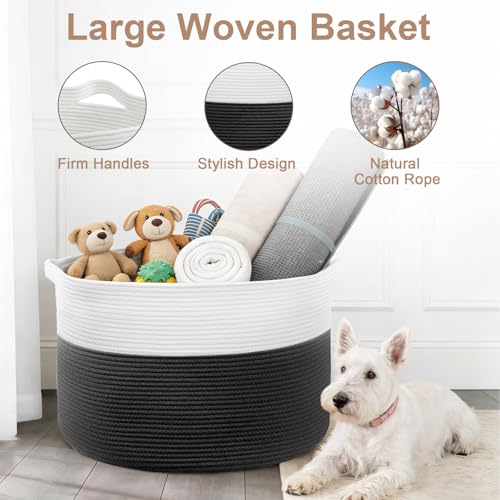 XXXL Large Laundry Basket, 105L Soft Cotton Rope Basket, Blanket Storage and Organizers, Baby Nursery Laundry Hamper, Extra Large Toys Storage Bins for Kids 23.6'' x 14.6'', White & Black - color: Black & White, size: 105L