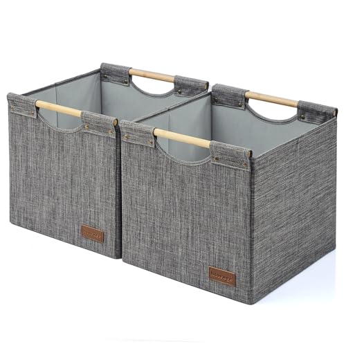 KAKAMAY Collapsible Cube Storage Bins 13x15x13 Inches Dark Grey 2-Pack, Foldable Fabric Organizer Baskets with Wooden Handles for Kallax Shelves, Living Room, Bedroom, Nursery, Closet, Toys, Clothes - color: Dark grey
